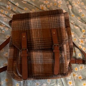 Plaid Brown Backpack - Casual Travel Bag